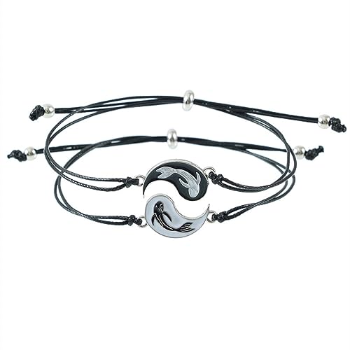 Guoguonb 2 pulseiras Yin Yang – Liga Taichi BFF casais peixes pingente correspondência puzzle Best Friend Partner jóias para BFF casais família – prata e preto, 22 centimeters, metal, 22 cm, Metal