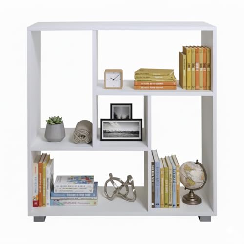 Libreria Scaffale per Soggiorno 5 Ripiani Scaffalatura Portaoggetti Libri Svuotatasche in Legno con Rivestimento Laminato Verticale Orizzontale Mobiletto Cucina Ufficio (Bianco, Italo)