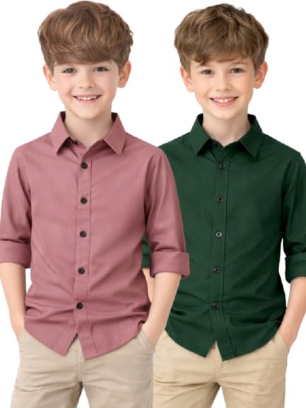 Image of YYQ Pack of 2 Boys Solid Cotton Blend Shirts - Full Sleeve Casual, Soft & Comfortable Spread Collar Shirts for Boys