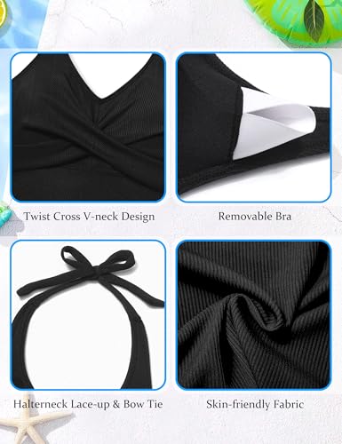 Girls Swimsuits 2 Piece Halterneck Bathing Suit Criss Cross Ruched Printed Tankini Swimwear Set for 9-16 Years4