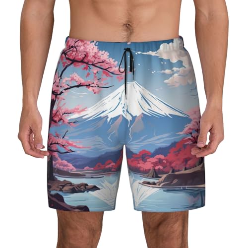 Japan Mount Fuji Landscape Men's Soft Double Swim Shorts, Lounge Swiming Shorts Pants Breathable Summer