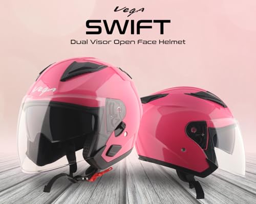 Image of Vega VO 03 Swift Dual Visor Open Face Motorcycle Helmet with Lightweight Shock-Absorbing Shell, Comfortable Interior, Ventilated Fit, Trendy Pink Styling Pink L