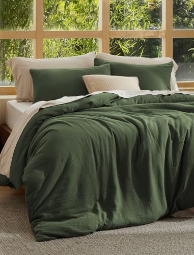 Image of Bedsure Muslin Duvet Cover Queen Size - Cotton Blend Viscose Derived from Bamboo, Cooling Duvet Cover, PureWoven Ultra-Soft & Breathable Bedding Set for All Seasons (Olive Green, 90 inchx90 inch)