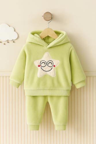 Image of Bold N Elegant Unisex Kids Fleece Printed Smiling Star Warm Fur Pullover Sweatshirt Hoodie Tshirt and Jogger Pant Winter Clothing Set Dress