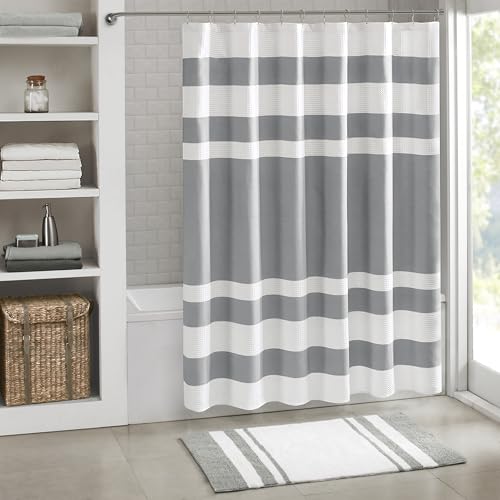 Madison Park Shower Curtain Waffle Weave Striped Pieced Design Fabric Shower Curtains for Bathroom with 3M Scotchgard Moisture Management Premium Spa Quality Modern Standard 72'x72' Grey