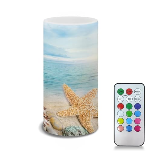Image of Flameless Candle Electric LED Lights with Dancing Flame, with Timer Remote 12 Color Lights, 3 AAA Batteries Operated (Not Include), for Beach Indoor Home Decor, Coastal Starfish Blue Sea