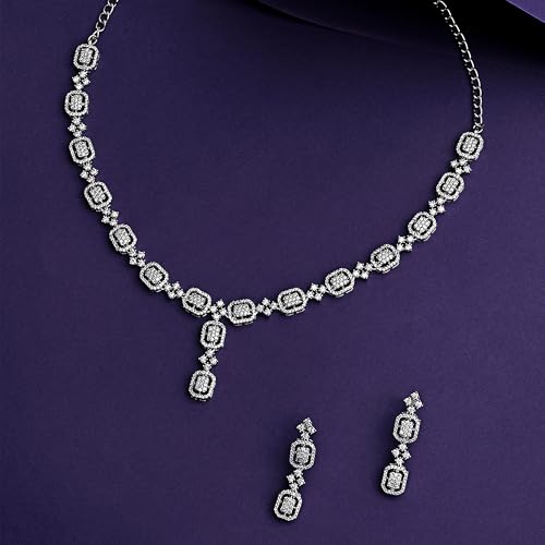 Image of Asmitta Jewellery Rhodium Plated Silver Toned Contemporary Choker Jewellery Set For Women Girls | Combo Of White And Baby Pink Cubic Zirconia & American Diamond Studded Necklace And Earring |Jewelry Suitable For Wedding Party (Contemporary)