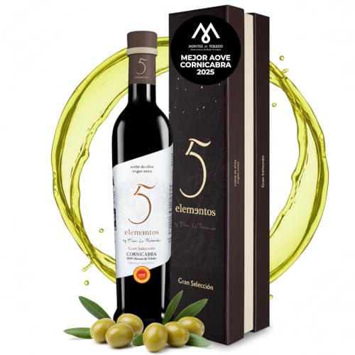 5 Elementos Gran Selección Aceite de Oliva Virgen Extra Cornicabra 500ml | Mejor AOVE Cornicabra con DOP Montes de Toledo | AOVE de Nueva Cosecha Extracción en Frío (Con Estuche)