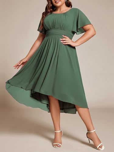 Image of Ever-Pretty Women's Plus Size Formal Wedding Guest Dresses for Curvy Women A Line Chiffon Midi High Low Cocktail Dress
