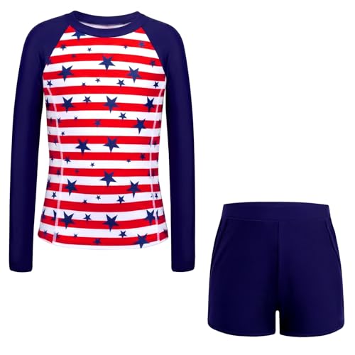Image of Alakuoti Girls Rash Guard Swimsuit Two Piece Bathing Suit UPF 50+ Sun Protection Long Sleeve Swimwear 6-14 Years