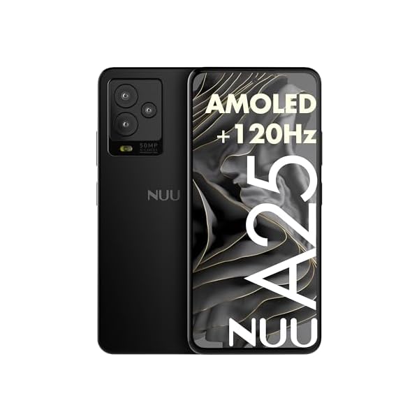 NUU A25 AMOLED 120Hz 6.7" Unlocked for T-Mobile, ATT, Cricket, Mint, Ultra, Metro, Gaming Phones, Octa-Core Helio G99, 4G/LTE Dual SIM, 6GB + 128GB 50MP Camera, Black, International Travel