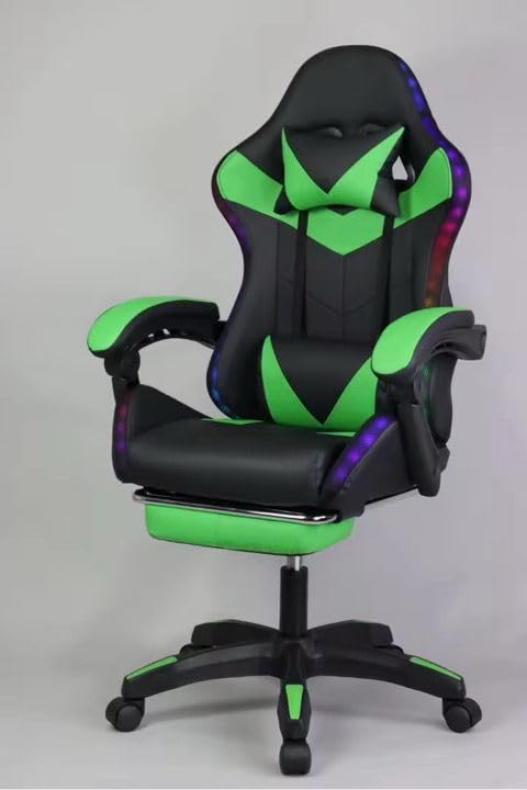 SEDIA DA GAMING A LED RGB, PELLE SINTETICA, CON ROTELLE CUSCINO SUPPORTO POGGIATESTA E CON POGGIAPIEDI (VERDE/NERA)