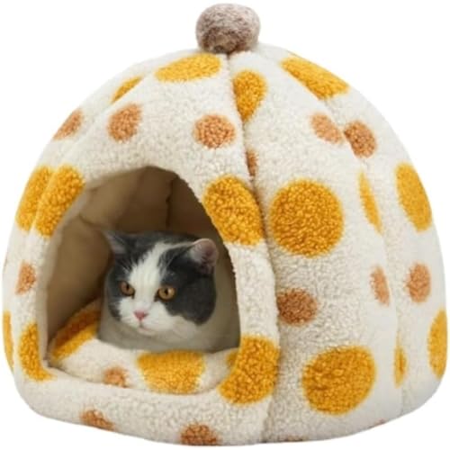 Vlfn 猫 ハウス 冬 ドーム型 ペットハウス ペットベッド 冬用 保温防寒 超小型犬 猫用 クッション付き あったか 滑り止め 室内用 洗える (M:41*45CM,イエロー)