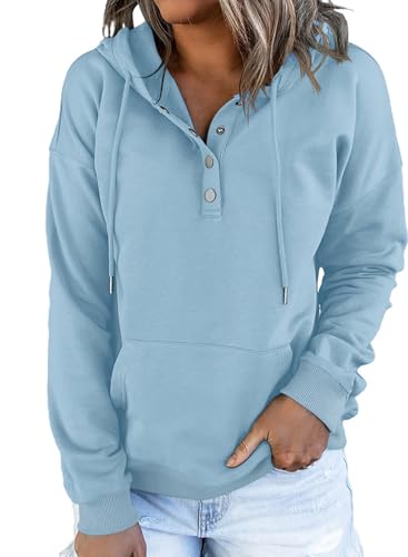 Dokotoo Womens Sweatshirt Ladies Fall Tops Vintage Drawstring Hoodies Sweatshirt for Women Long Sleeve Hoodies Pullover with Pockets Button Collar Fleece Casual Basic Simple Winter Shirts Tops M