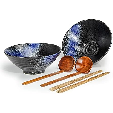 Pottery Ramen Bowls Set of 2 - Ideal for Noodle Salad Pasta Dinnerware Ceramic Japanese Bowl 2×1000 ml 34 Ounces Capacity with Chopsticks and Spoon Men and Women Gifts Ideas Porcelain - Starry Blue Cover
