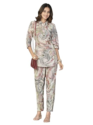 Image of NAINVISH Women Muslin Floral Co-Ord Set | Ethnic | Casual Wear Pant Top Set | Fancy | Full Pair Set | Kurtis Sets | Kurta Pant Set