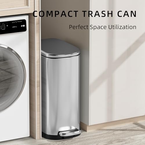 Image of KUK Slim Bathroom Trash Can with Lid, 2.6 Gallon (10 L) Stainless Steel Step Small Garbage Can with Removable Inner Bucket, Soft Close, Anti-Fingerprint Finish (Silver)