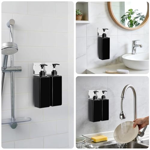 Image of Segbeauty Soap Dispenser Wall Mounted, 3pcs 16.9oz Drill Free Shampoo Bottles with Waterproof Labels, Refillable Plastic Shower Dispenser Set Soap Holder Shower Accessories for Shower Wall Black