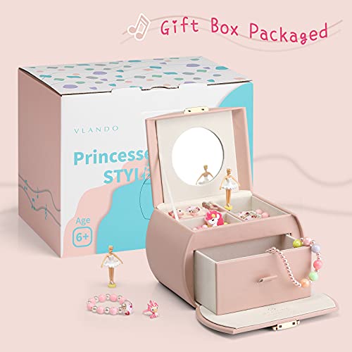 Vlando Kids Musical Jewelry Box for Girls with Drawer, Music Box with Ballerina and Stickers for Birthday Bedroom Decor, Gifts for Girls Kids - Pink2