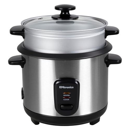 EMtronics EMRCCSTSS0-6 Rice Cooker 0.6 Litre with Automatic Cooking, Steamer Tray and Warmer Function with Removable Non-Stick Bowl, Measuring Cup and Spatula 350W - Stainless Steel