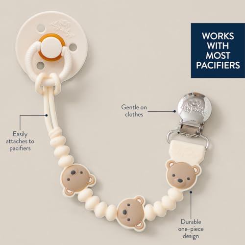 Image of Itzy Ritzy Silicone Pacifier Clip - 100% Food Grade Silicone Pacifier Strap with Clip Keeps Pacifiers, Teethers & Small Toys in Place - Features One-Piece Design, Bear Character & Silicone Cord (Bear)