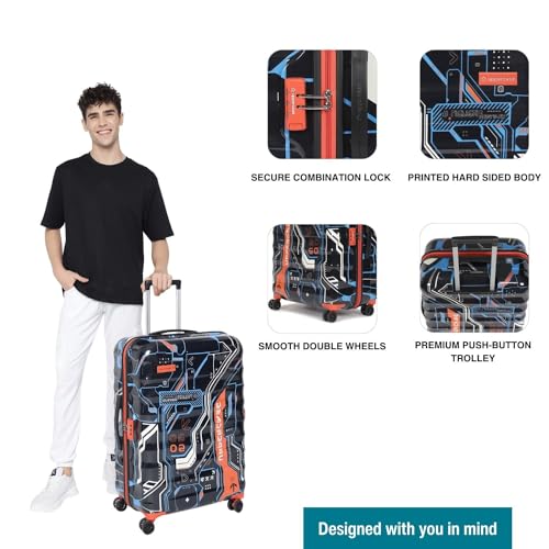 Image of uppercase Cyber Punk (Large) 76Cms|Check-In Inline Trolley Bag For Travel|Polycarbonate Hardshellsided Printed Luggage|Combination Lock|8 Wheel Trolley Bag|Suitcase For Unisex|(Black),H-75.5 cms