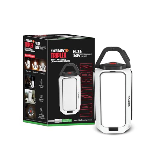 Image of Eveready Triplex HL86, 36W Rechargeable Lantern + Powerbank with 3 Lighting Modes, Foldable Flaps, Adjustable Brightness, USB Type-C Charging, Durable ABS Build, Powered by Eveready Li-ion Battery