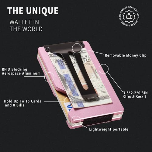 Image of Minimalist Wallet for Men, Slim Metal RFID Blocking Wallet Credit Card Holder Money Clip & Cash Strap, Scratch-Resistant Holds 15 Cards,Ideal Gift for Men | Matte Pink