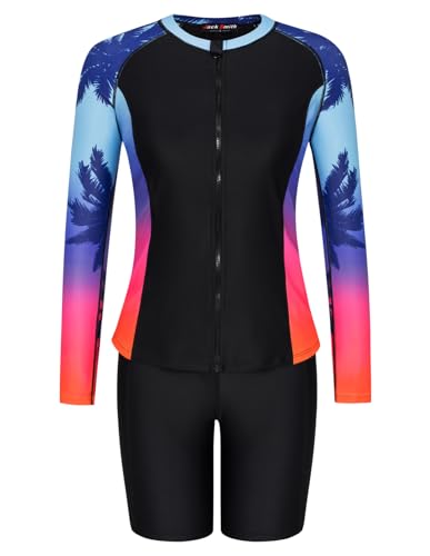 Image of JACK SMITH Women's 3 Piece Long Sleeve Rash Guard Swimsuits Zip Front Bathing Suit Tankini Swimsuits UPF 50