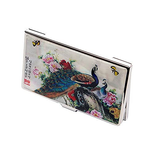 Image of Mother of Pearl Business Card Case Credit Id Name Holder Travel Wallet Art Painting Design Metal Stainless Steel Engraved Slim Purse Pocket Cash Money Wallet (Peacock)