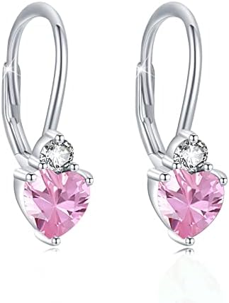 October Birthstone Earrings Sterling Silver Hot Pink Heart Earrings Dangle Leverback Birthstone Earrings October Birthstone Jewelry for Women Girls Gifts