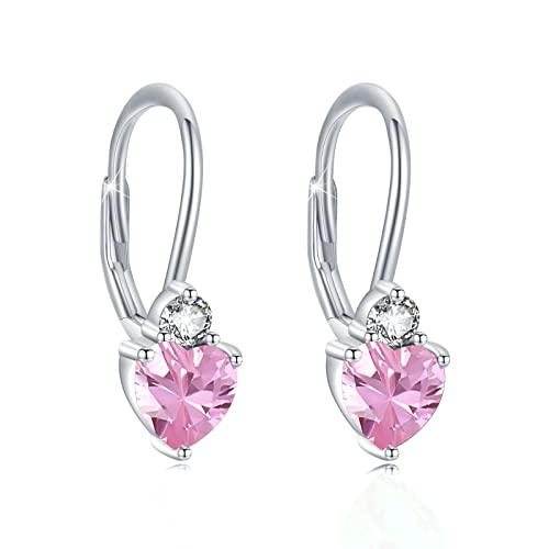 October Birthstone Earrings Sterling Silver Hot Pink Heart Earrings Dangle Leverback Birthstone Earrings October Birthstone Jewelry For Women Girls Gifts #TOP2