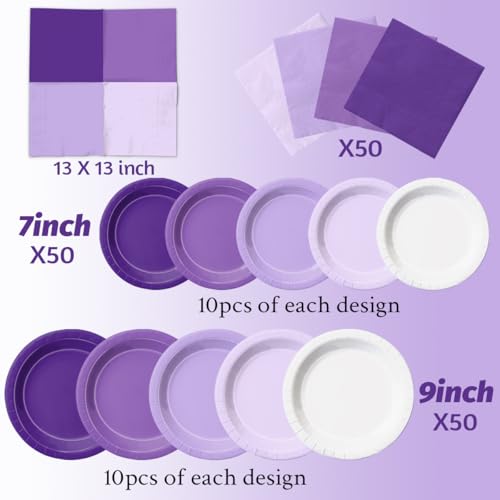 Image of CMUSKO Lavender Party Supplies-150Pcs Purple Plates and Napkins Kit Serves 50,Gradient Light Purple Tableware for Birthday,Baby Shower,Wedding