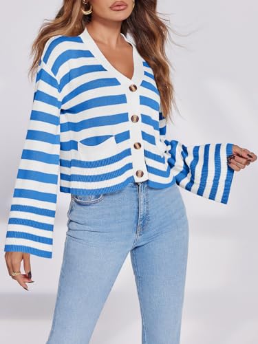 Image of Saodimallsu Womens Striped Cardigan Sweaters Cropped Fall Button Open Front Long Sleeve Knit Sweater Coat with Pockets