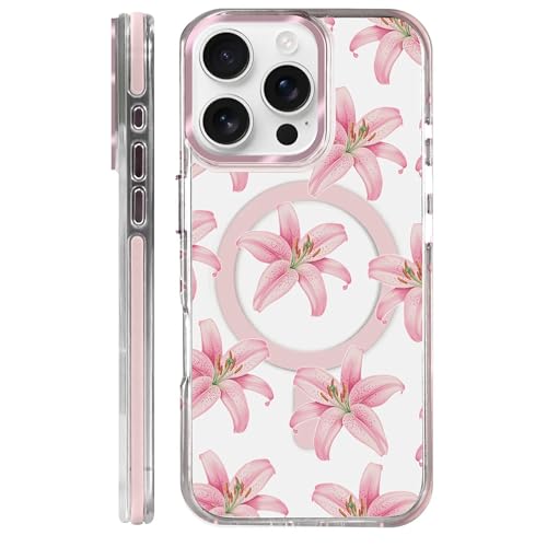 Coque iPhone 16 Pro transparente fleur de lys tigre rose Magsafe