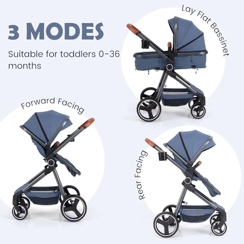 Image of INFANS 2 in 1 Baby Stroller, Newborn Convertible Stroller Bassinet for Infant, Foldable High Landscape Shock Absorption with Reversible Seat, Aluminum Structure for Toddler Pushchair 0-36 Month