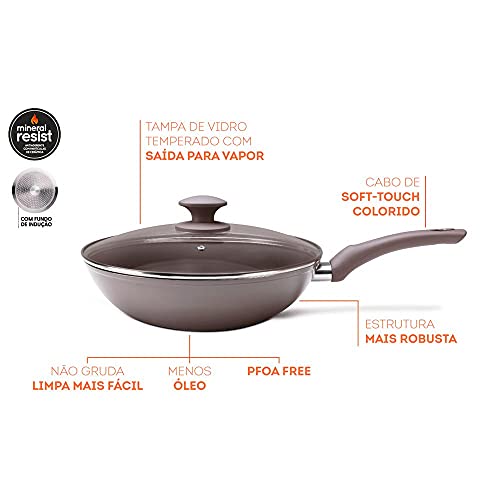 Wok com Tampa com Fundo de Indução Optima 3.4 L, 28 x 8 cm, Camurça, BRINOX REVESTIDOS