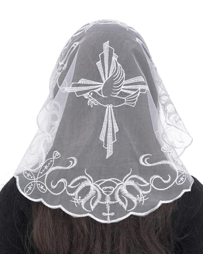 Bozidol Round Veils for Church Catholic, Small Cross and Dove Lace Mantilla Chapel Veil, Lating Mass Head Coverings for Women