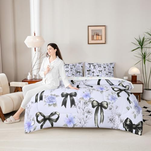 Image of Black Bow Tie Bed in a Bag King Size Comforter Set 7-Piece Boho Floral Pink Flowers Bedding Sets Cute Princess Bow Comforter and Sheet Set, Girly Ribbon Bowknot Room Decor,Kawaii Room Decor Aesthetic
