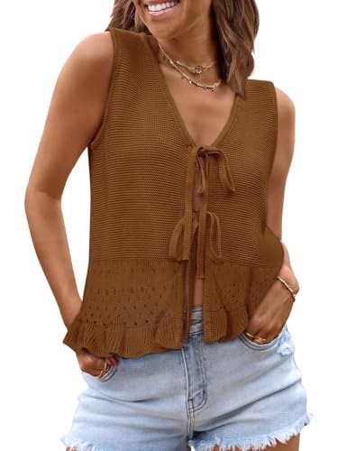 COCCKO Womens Crochet Tops Tie Front Tops Sleeveless Ruffle Eyelet Beach Fashion Summer Casual Cute Sweater Vests Brown
