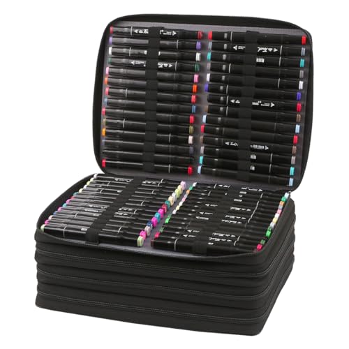 Image of Marker Pen Organizer Case 224 Slots w /Handle & Shoulder Strap | 4-Layer Zipped Pencil Pouch PU Leather w /Open Front pocket for Gel Pen Markers to Artists, Painters