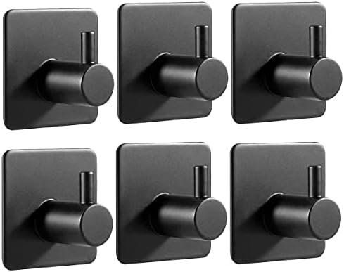 JS Self Adhesive Hooks, Stick on Hooks Holder for Tea Towel Robe Coat Kitchen Bathrooms,Stainless Steel Sticky Wall Hooks,Waterproof and Rustproof, (Black 6pack Hooks)