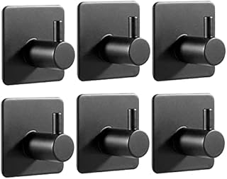 JS Self Adhesive Hooks, Stick on Hooks Holder for Tea Towel Robe Coat Kitchen Bathrooms,Stainless Steel Sticky Wall Hooks,Waterproof and Rustproof, (Black 6pack Hooks)
