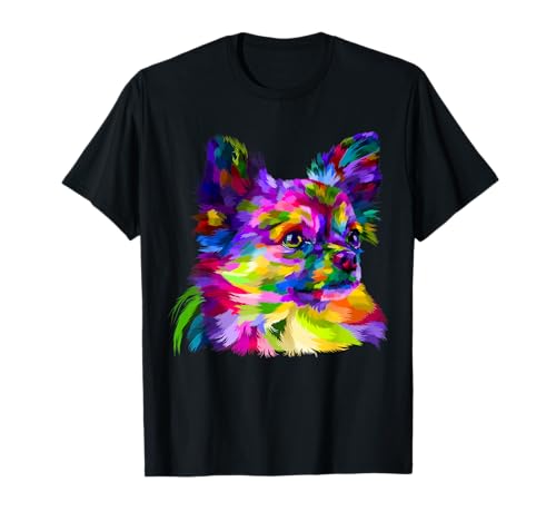 Chihuahua à poils longs Portrait Pop Art coloré pour T-Shirt
