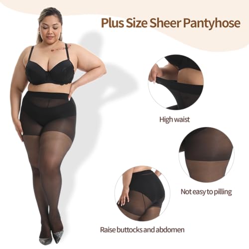 Plus Size Sheer Pantyhose - Ultra Comfy Plus Size Tights, 2 Pack 15D Control Top Pantyhose for Women2