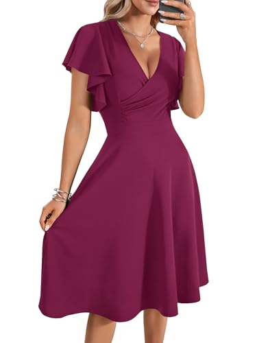Image of LYANER Women's Warp V Neck Ruffle Short Sleeve A Line Swing Flared Cocktail Party Midi Dress