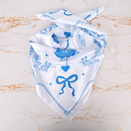 Bride Head Scarf, 23.62x23.62in Bachelorette Bandana White and Blue Silk Hat Scarf Elegant Bridal Hijab Wedding Handkerchief Bridesmaid Headwear for Bridal Shower Beach Party Accessory3