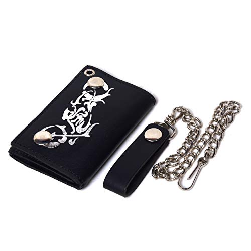 Leatherboss Genuine Leather Trifold Designer Motorcycle Biker Chain Wallet Credit Card Cash with ID Holder, Black2