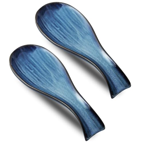 Image of Hasense Ceramic Spoon Rest for Stove Top, Spatula Holders for Ladles and Tongs, Porcelain Spoon Holder Set of 2 for Kitchen Counter Cooking Utensil Home Decor, Housewarming Gift, Navy