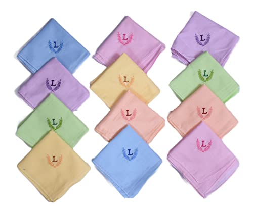 Image of ANTONIA Personalized Cotton Women's Handkerchiefs with Embroidered Initials, Assorted Colours (33 cm x 33 cm)